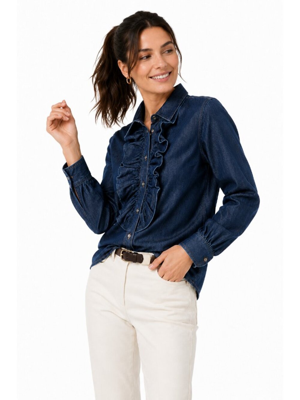 Weekend Max Mara Ruffle Denim Button Front Blouse Size 10 EU 42
